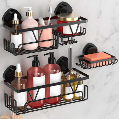 KEGII Shower Caddy Suction Cup, 3 Pack Removable Shower Shelves with Hooks & Soap Holder, No Drilling Bathroom Organizer, Waterproof Suction Storage for Inside Shower, Black