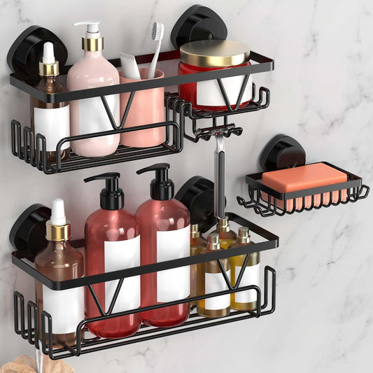 KEGII Shower Caddy Suction Cup, 3 Pack Removable Shower Shelves with Hooks & Soap Holder, No Drilling Bathroom Organizer, Waterproof Suction Storage for Inside Shower, Black