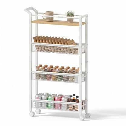 4 Tier Slim Rolling Storage Cart, 5.1 Inch Wide Narrow Storage Cart with Handle, Iron Wood Utility Slide Out Pantry Shelf Organizer for Laundry Room, Bathroom, Kitchen, Small Spaces, Black