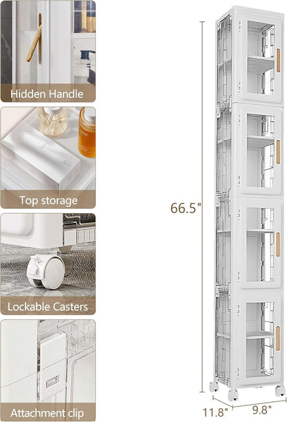 VECELO 4 Tier Tall Plastic Slim Storage Cabinet with Lockable Wheels, Adjustable Shelves, Anti-Tip for Bathroom, Living Room, Laundry Room, Kitchen, Narrow/Small Space, Easy Assembly, Clear