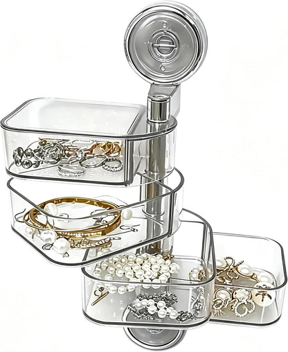 4-Layer Rotating Transparent Suction Cups Wall Mounted Organizer for Small Items,Bathroom Holder for Trinkets Hairpin Q-Tips mini beauty sponges (4-Tier-Clear, M)