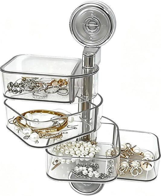 4-Layer Rotating Transparent Suction Cups Wall Mounted Organizer for Small Items,Bathroom Holder for Trinkets Hairpin Q-Tips mini beauty sponges (4-Tier-Clear, M)