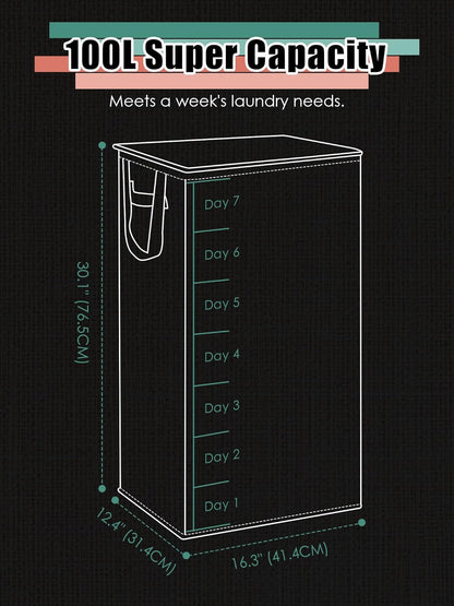 WTREE Laundry Hamper with Lid, Reinforced Sturdy Clothes Hamper with Anti-Puncture Base, Large Collapsible Laundry Basket with Removable Liner Bag, Tall Dirty Clothes Bin for Family, 100L Grey
