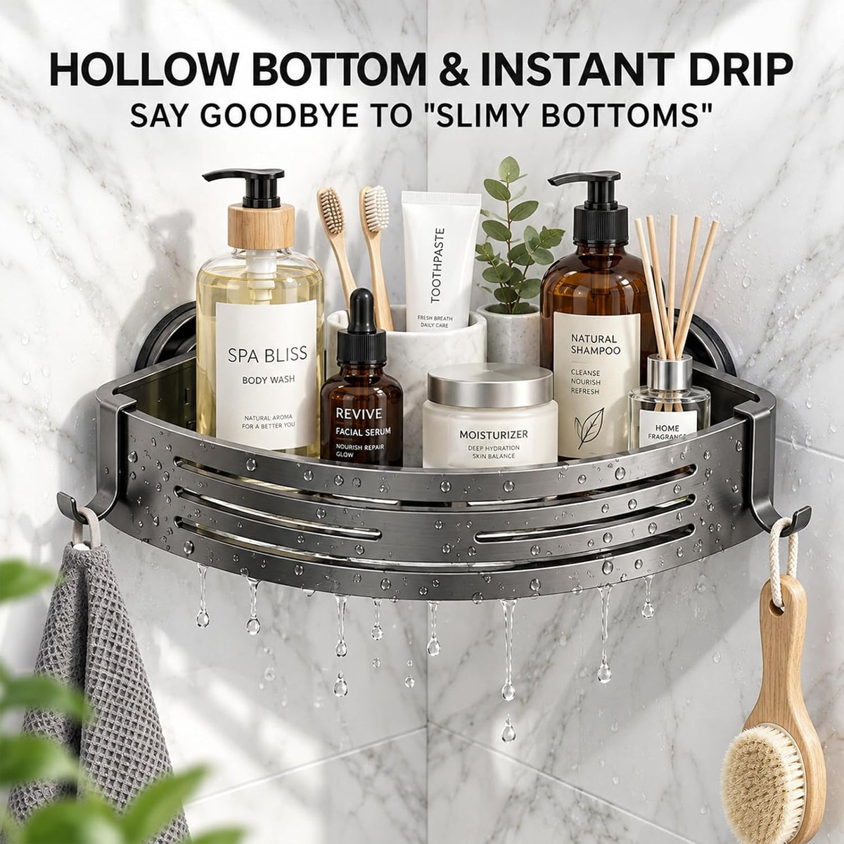 2 PCS Corner Shower Caddy Suction Cup with Hooks, No-Drilling (Gray)