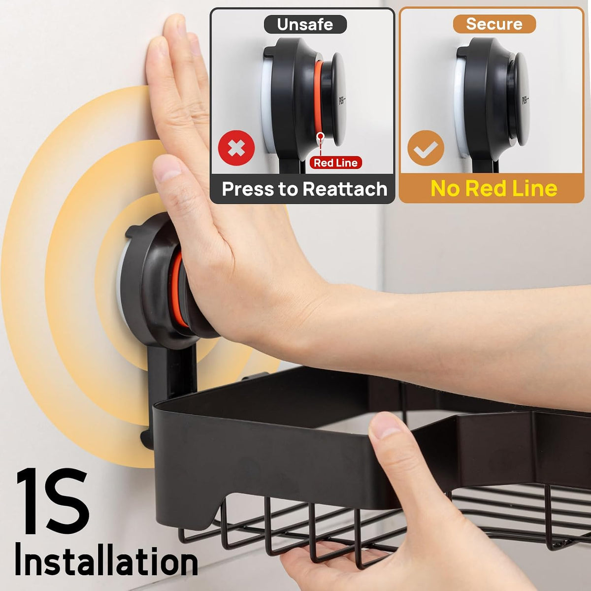LEVERLOC Corner Shower Caddy Suction Cup, Black Shower Organizer With Hooks