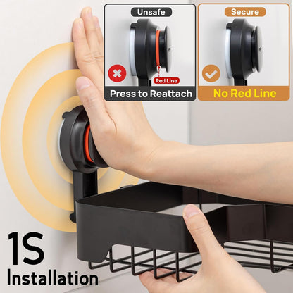LEVERLOC Corner Shower Caddy Suction Cup, Black Shower Organizer With Hooks