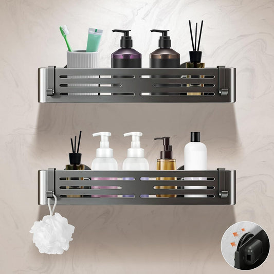 Lekesky Suction Cup Shower Caddy, No Drill Shower Shelf, Aluminum Rust Proof Bathroom Shower Organizer with 12 Hooks (2-Pack, Gunmetal Gray)