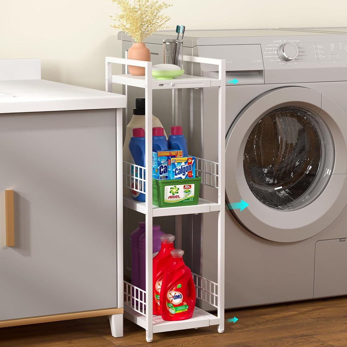 DAOUTIME Expandable Slim Storage Shelf, 3 Tier Metal Shelving Unit for Bathroom Storage Organizer, Free-Standing Narrow Shelf, Open Floor Shelves for Small Spaces,Laundry,Bathroom,Kitchen, White