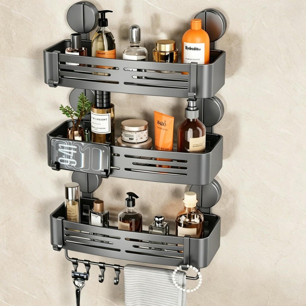 VOLPONE Shower Caddy Suction Shower Shelf No Drilling Shower Organizer Suction Cup Shower Storage Rack Aluminum Wall Mounted Shampoo Holder with Towel Bar Hooks (2-Pack, Matte Gray)