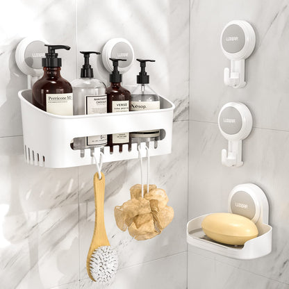LUXEAR Shower Caddy Suction Cup, No Drilling Strong Hold Shower Organizer with Hooks & Soap Dish Fast Draining Removable Reusable Bathroom Storage Shelf Friendly for Bathroom/Kitchen/RV 22LBS Capacity