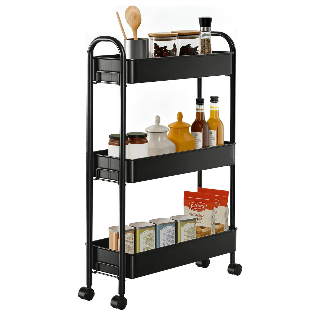 Slim Rolling Cart, Metal Frame Utility Rolling 3-Tier Narrow Storage Cart