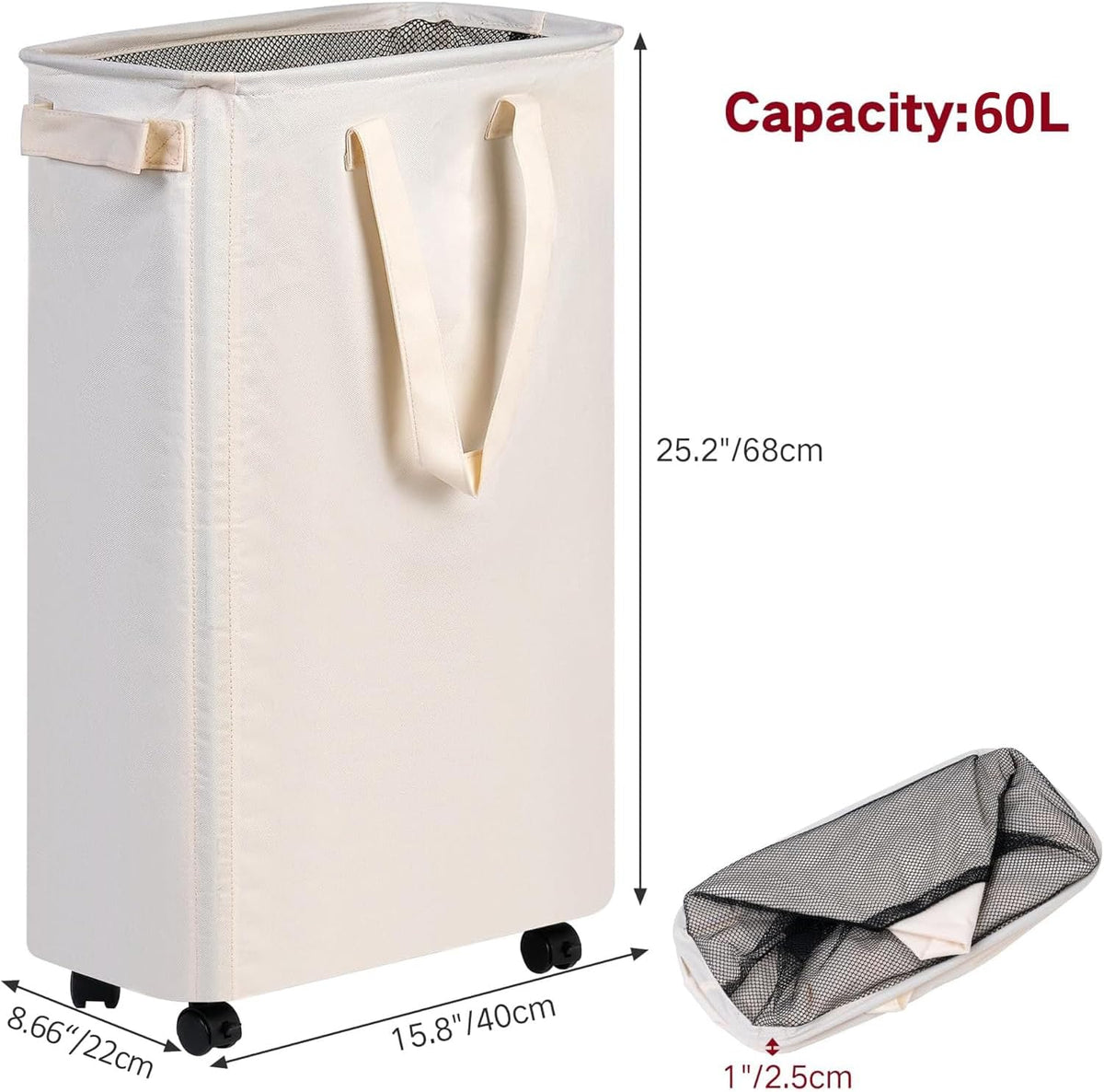 efluky Slim Laundry Hamper with Wheels, Rolling Laundry Basket for Clothes, Small Laundry Basket for Bedroom, Dorm and Laundry Room, 60L Beige