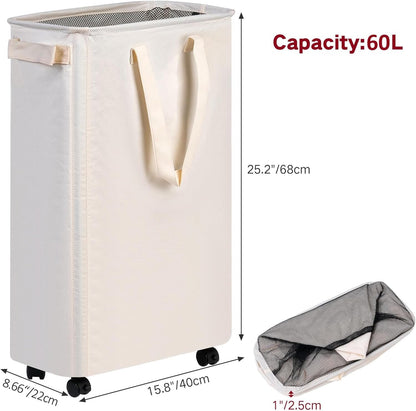 efluky Slim Laundry Hamper with Wheels, Rolling Laundry Basket for Clothes, Small Laundry Basket for Bedroom, Dorm and Laundry Room, 60L Beige