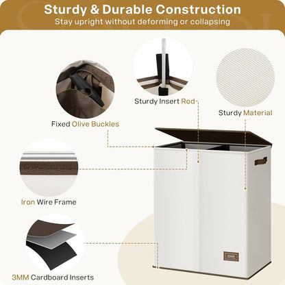 SOLEDI Luxury Double Laundry Hamper with Lid and Removable Bags, 38.3 Gal Large Laundry Bin, Laundry Basket 2 Sections, Collapsible Clothes Hamper for Bedroom, Laundry Room, Bathroom, Off-white