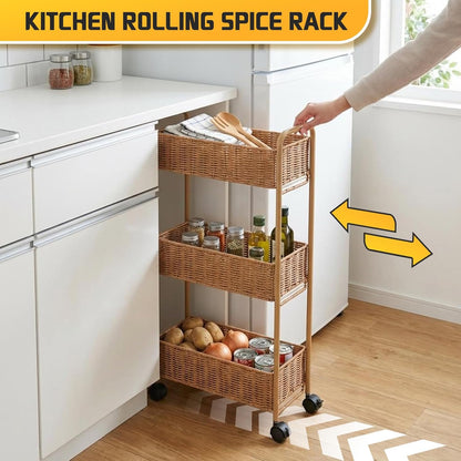 FOCHIER F Utility Slim Storage Cart,3-Tier Rolling Kitchen Office Laundry Room Cart,Mobile Shelving Unit Organizer for Living Room Bathroom Baby Diaper Narrow Places (Natural, 3 Tiers-7.1 inch (W))
