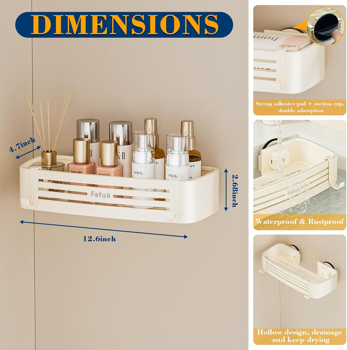 Shower Caddy Suction Cup, No-Drilling Hanging Shower Shelves with Hooks, Waterproof & Rustproof Removable Shower Organizer for Bathroom Storage