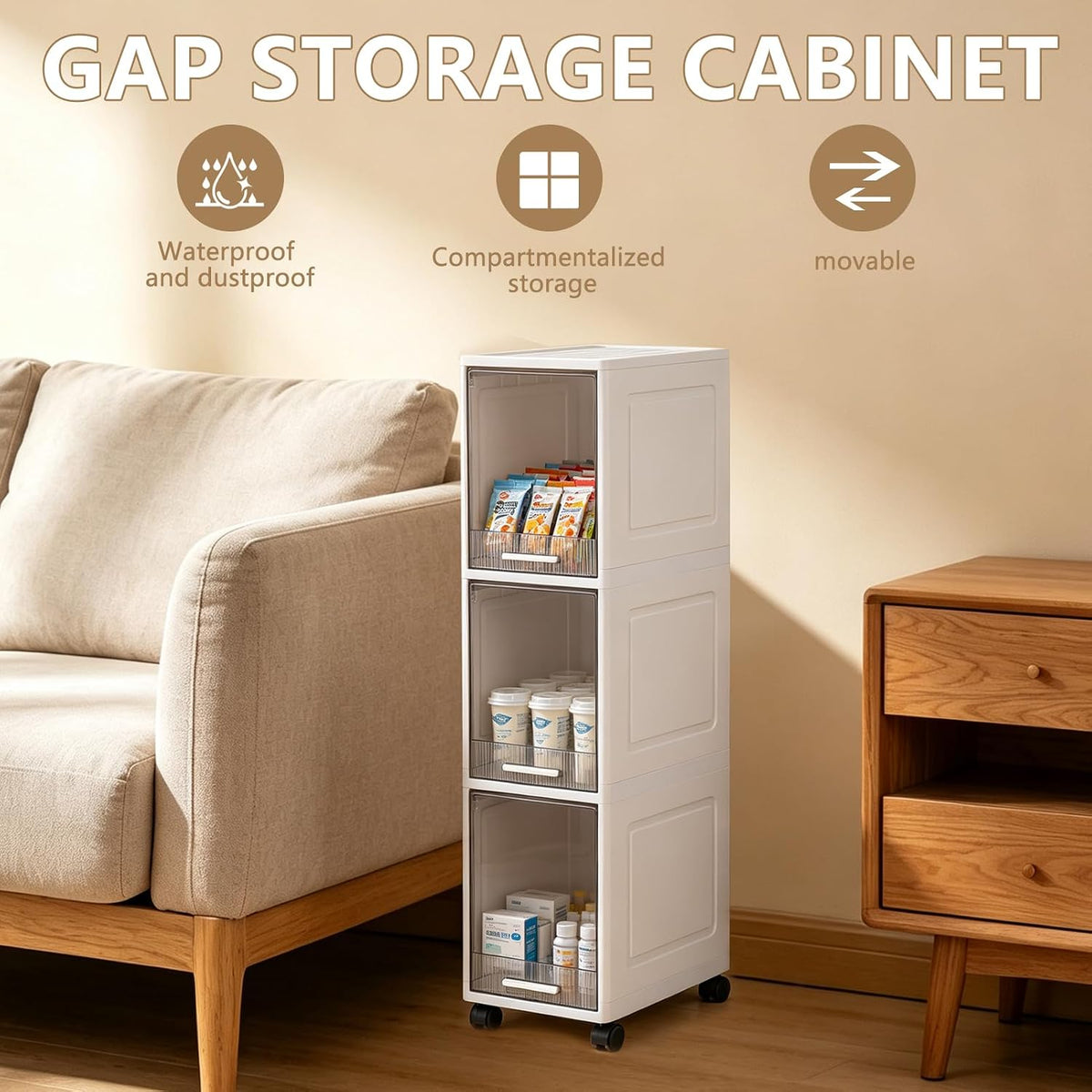 Narrow Bathroom Storage Cabinet with 4 Wheels, 3Tier Slim Storage Organizer