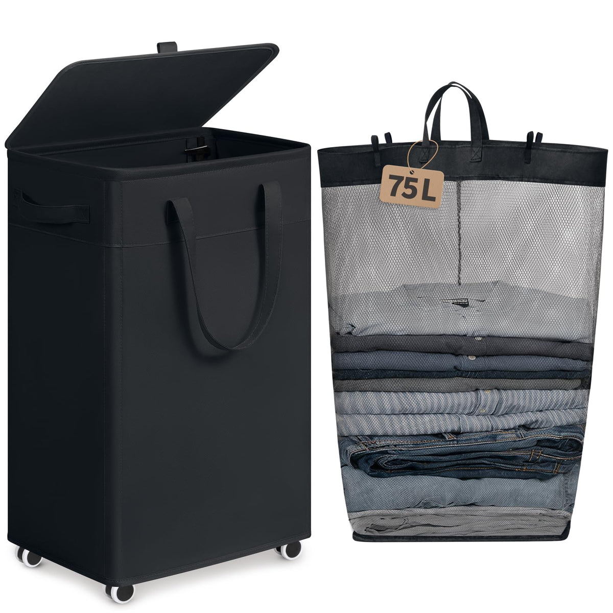 Goodpick 75L Rolling Laundry Basket with Wheels and Lid, Grey