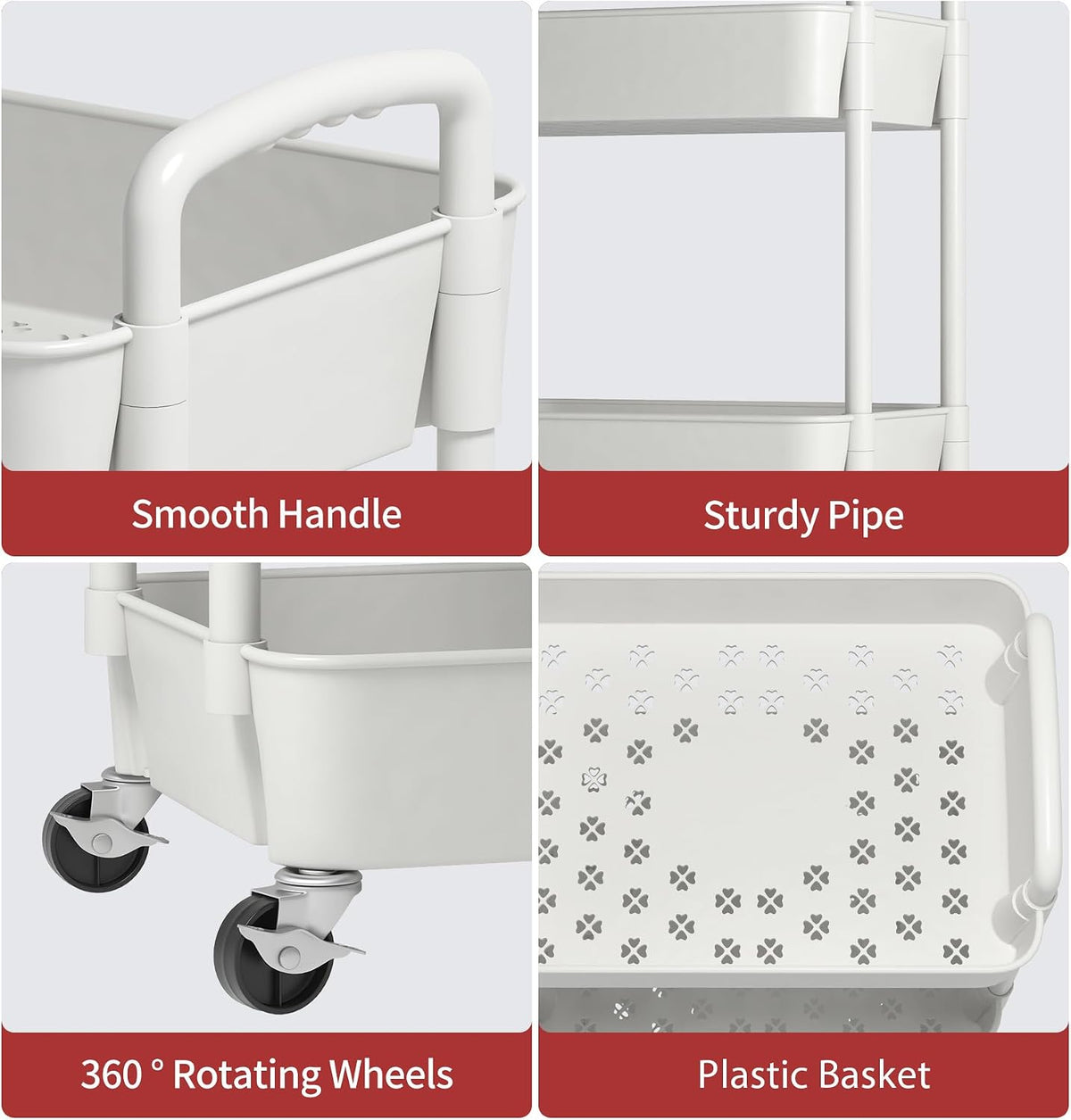 Sywhitta 4-Tier Plastic Rolling Utility Cart with Wheels for Storage,White
