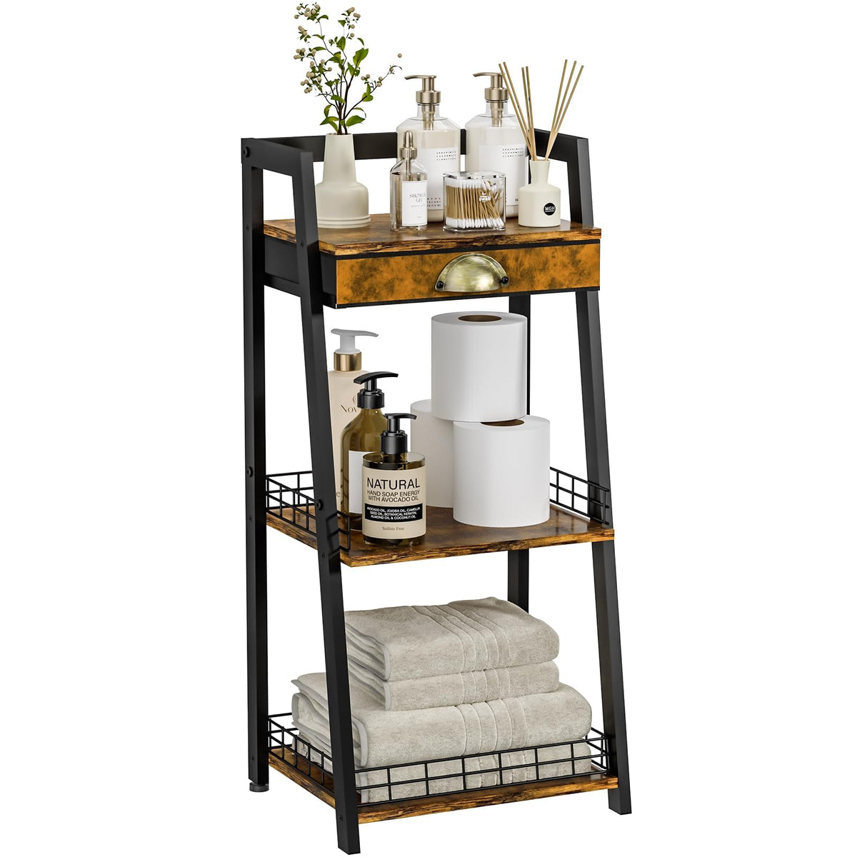 keomaisyto 3-Tier Narrow Bathroom Shelves with Drawer, Bathroom Organizers and Storage, Open Floor Ladder Shelf, Freestanding Tower Slim Standing Unit for Small Spaces - Rustic Brown