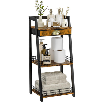 keomaisyto 3-Tier Narrow Bathroom Shelves with Drawer, Bathroom Organizers and Storage, Open Floor Ladder Shelf, Freestanding Tower Slim Standing Unit for Small Spaces - Rustic Brown
