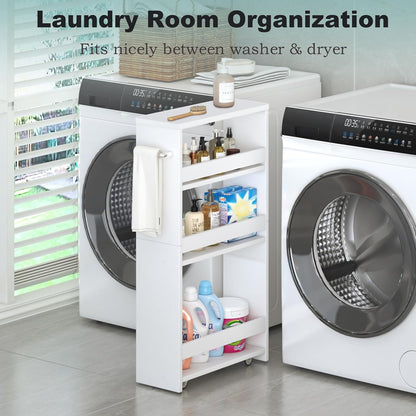 MARTY Slim Rolling Storage Cart, Wood Utility Kitchen Bathroom Laundry Cart