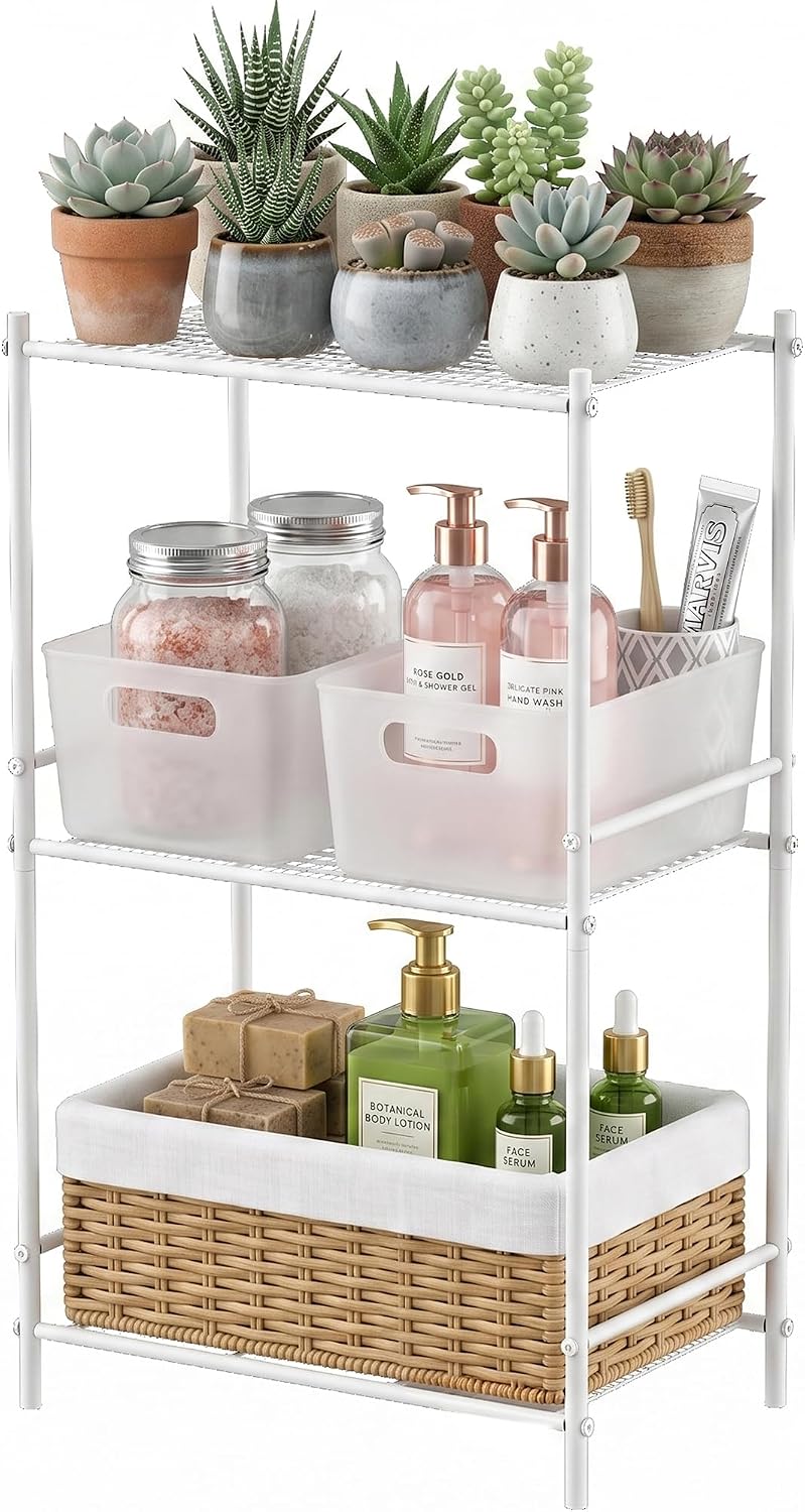 JAQ 3 Tier Small Shelf for Small Spaces, Narrow Bathroom Shelving Unit, Metal Storage Shelf Organizer for Bathroom, Closet, Laundry Room, Dorm, Office, White