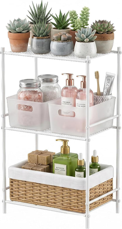JAQ 3 Tier Small Shelf for Small Spaces, Narrow Bathroom Shelving Unit, Metal Storage Shelf Organizer for Bathroom, Closet, Laundry Room, Dorm, Office, White