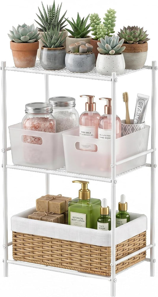 JAQ 3 Tier Small Shelf for Small Spaces, Narrow Bathroom Shelving Unit, Metal Storage Shelf Organizer for Bathroom, Closet, Laundry Room, Dorm, Office, White