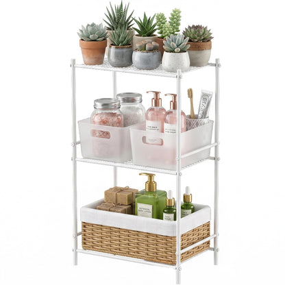 JAQ 3 Tier Small Shelf for Small Spaces, Narrow Bathroom Shelving Unit, Metal Storage Shelf Organizer for Bathroom, Closet, Laundry Room, Dorm, Office, White