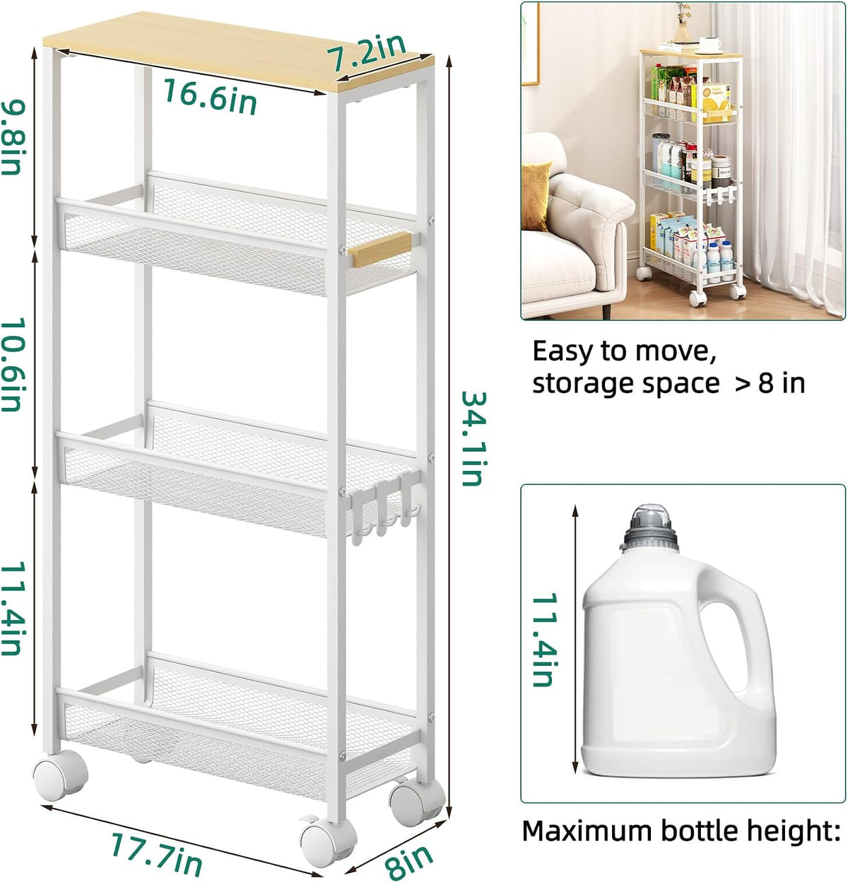 4-Tier Slim Utility Rolling Laundry Cart with Wheels, White