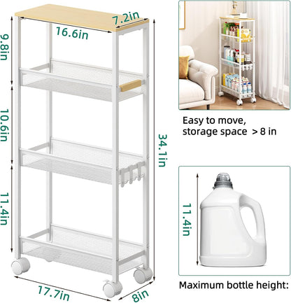 4-Tier Slim Utility Rolling Laundry Cart with Wheels, White
