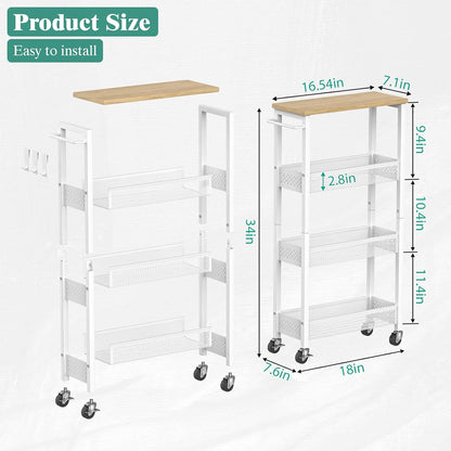 Giwil Slim Rolling Storage Cart 4 Tier Bathroom Organizer Mobile Shelving Unit Utility Cart with Wood Top and Handle for Kitchen Laundry Narrow Places, White
