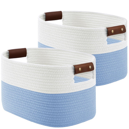ECDYQXVU 15x10x9 Woven Cotton Rope Storage Basket, Leather Handles 1 Pack