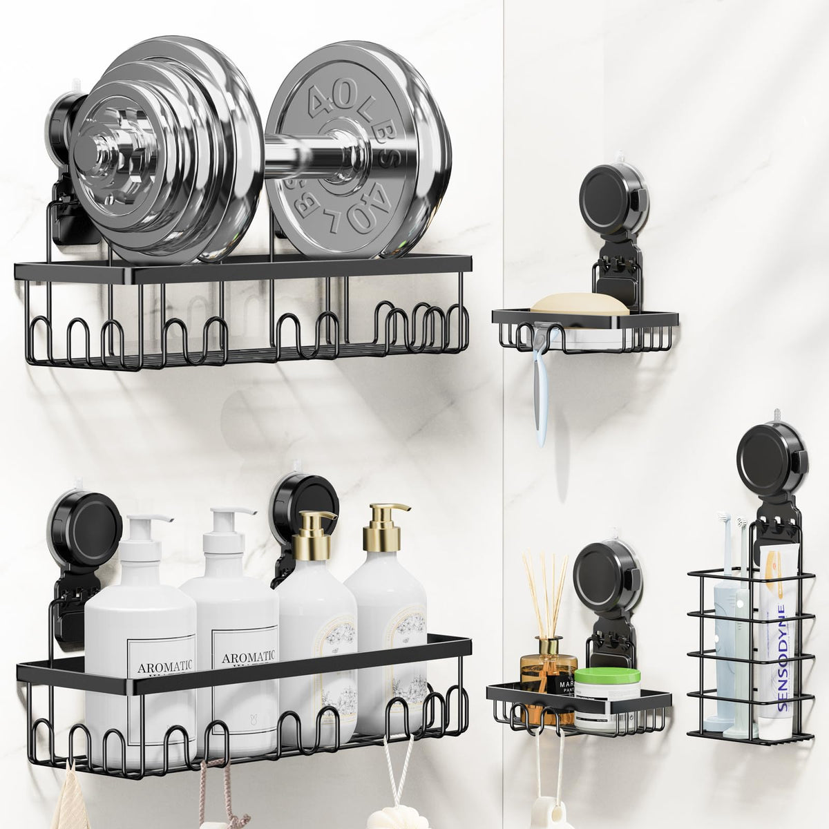 JOTPE Shower Caddy Suction Cup, Powerful Suction Storage Shelf Holds Up to 40 lbs, No Drilling Bathroom Organizer with Large Capacity, Removable & Reusable Shower Basket with Hooks, Rustproof, Black