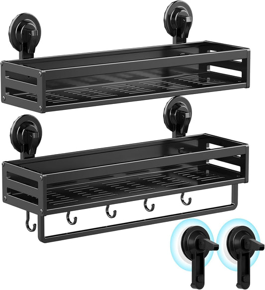 Suction Cup Shower Caddy with 5 Hooks & Towel Rrack 11.8inch Black
