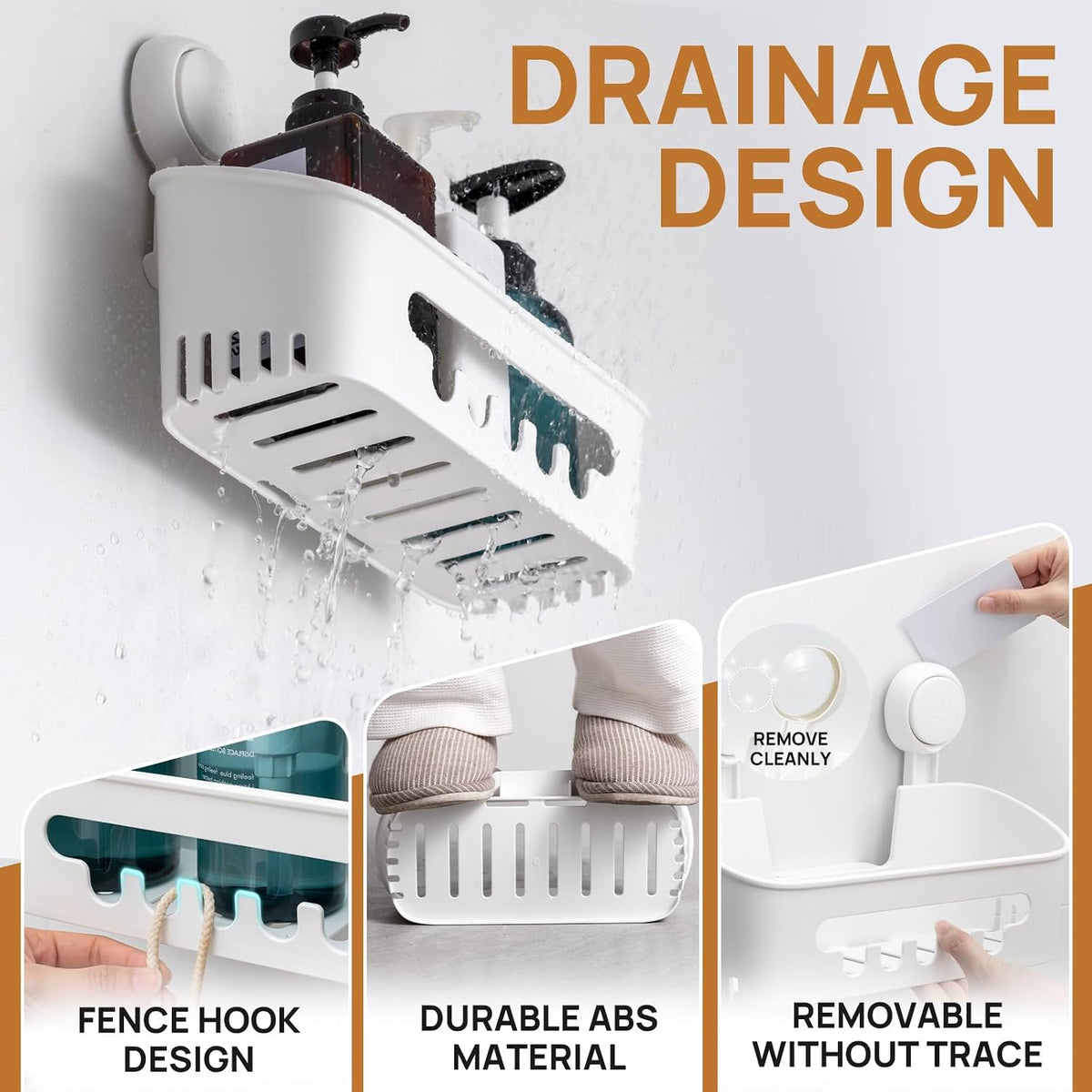 LEVERLOC Shower Caddy Suction Cup, Shower Organizer Removable Bathroom Shelf, Storage Suction Powerful Max Hold 22lbs Bathroom Caddy Waterproof Holder, White
