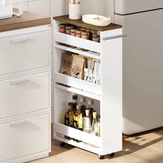 Yoobure 4-Tier Slim Storage Cart - Narrow Rolling Cart on Wheels, Slide Out Utility Carts with Adjustable Shelves, Organizer Trolley with Handle & Flip Top for Kitchen, Bathroom, Laundry, Small Spaces
