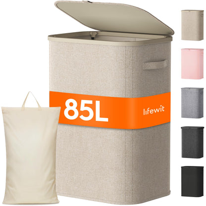 Lifewit 105L Large Laundry Hamper with Lid, Removable Inner Bag, Beige