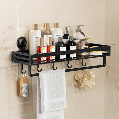 Suction Cup Shower Caddy with 5 Hooks & Towel Rrack 11.8inch Black