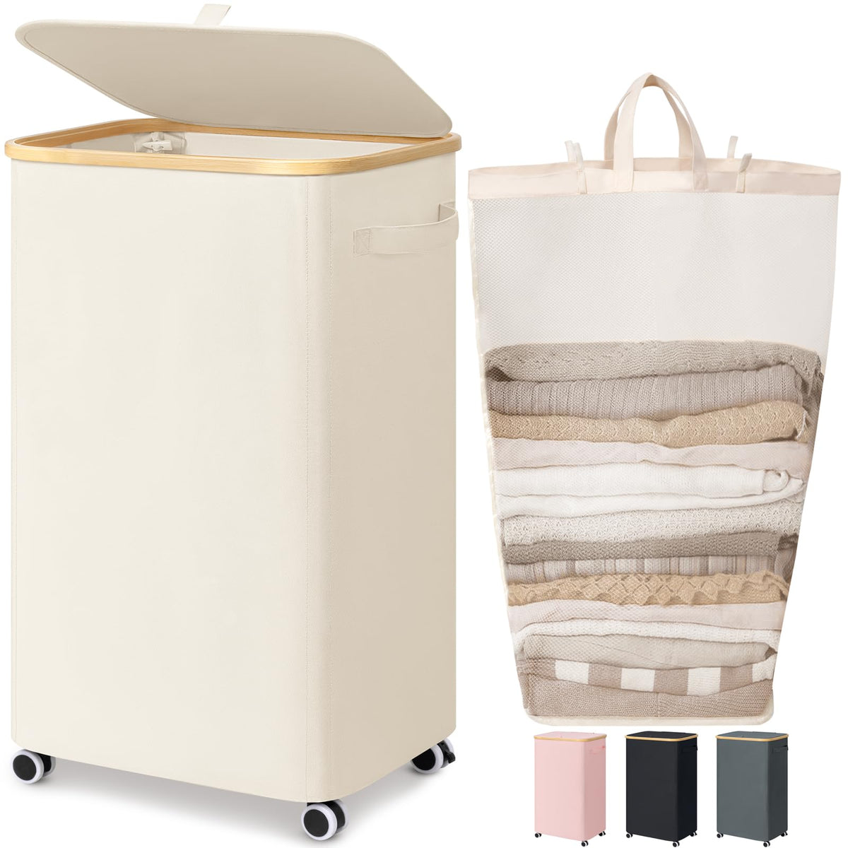 Goodpick 100L Large Rolling Laundry Basket with Wheels and Lid, Black