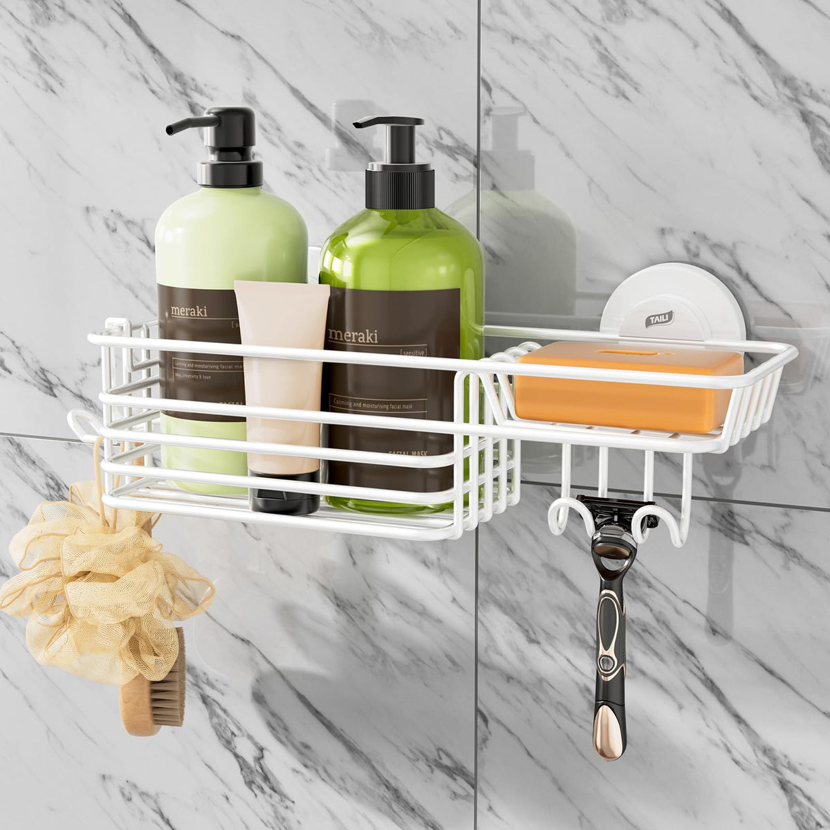 TAILI Shower Caddy Suction Cup 2 Pack with Hooks & Soap Holder, Heavy Duty Shower Organizer for Bathroom, No Drilling Bathroom Organizer with Large Capacity, Metal Storage Holder-Grey