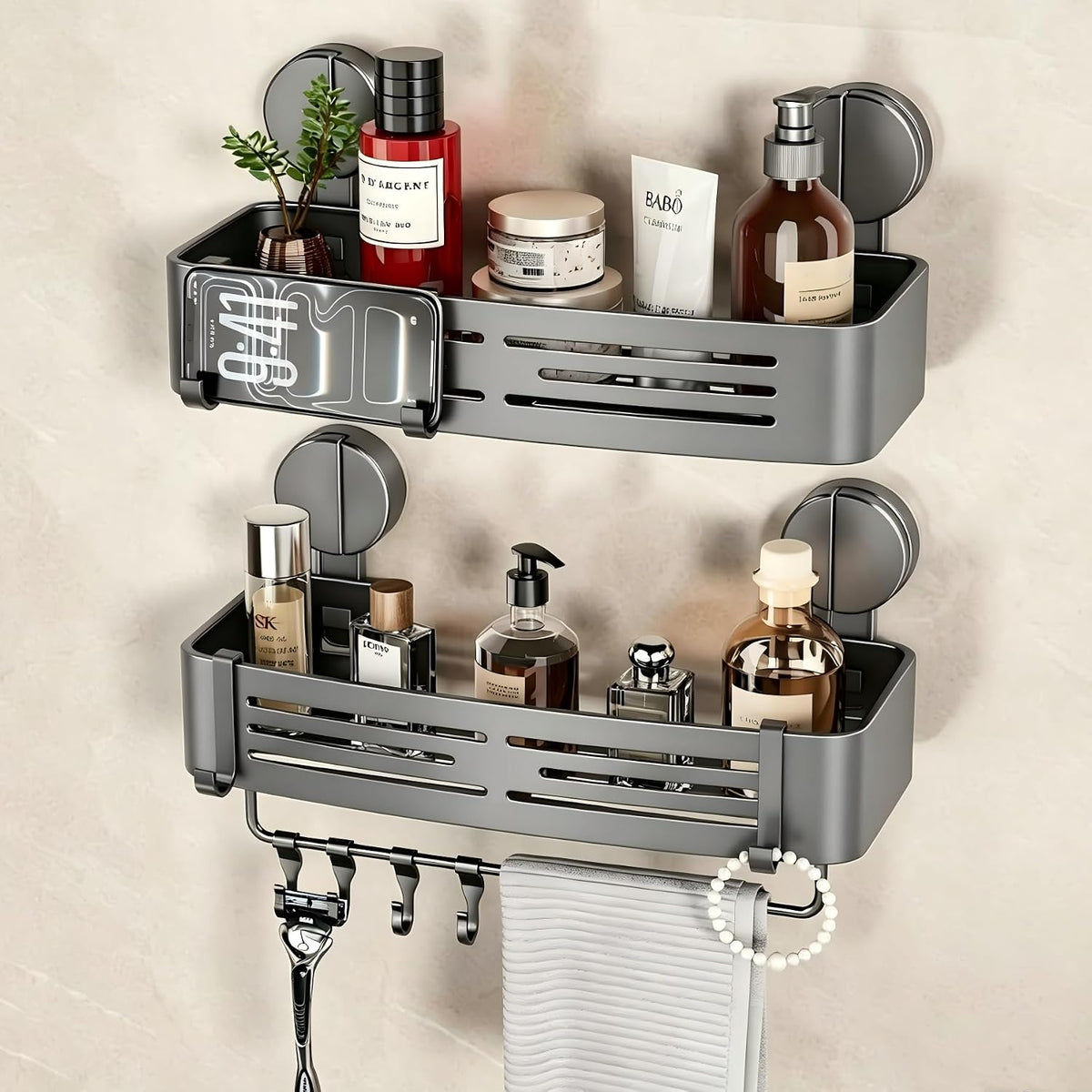 VOLPONE Shower Caddy Suction Shower Shelf No Drilling Shower Organizer Suction Cup Shower Storage Rack Aluminum Wall Mounted Shampoo Holder with Towel Bar Hooks (2-Pack, Matte Gray)