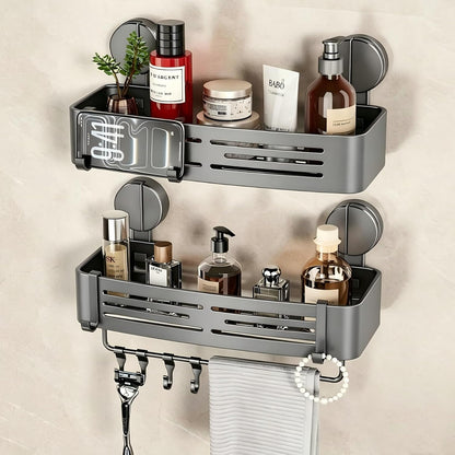 VOLPONE Shower Caddy Suction Shower Shelf No Drilling Shower Organizer Suction Cup Shower Storage Rack Aluminum Wall Mounted Shampoo Holder with Towel Bar Hooks (2-Pack, Matte Gray)