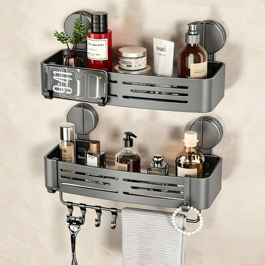 VOLPONE Shower Caddy Suction Shower Shelf No Drilling Shower Organizer Suction Cup Shower Storage Rack Aluminum Wall Mounted Shampoo Holder with Towel Bar Hooks (2-Pack, Matte Gray)