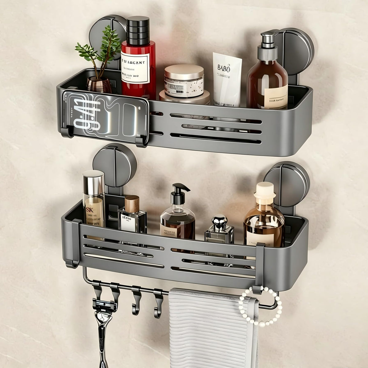 VOLPONE Shower Caddy Suction Shower Shelf No Drilling Shower Organizer Suction Cup Shower Storage Rack Aluminum Wall Mounted Shampoo Holder with Towel Bar Hooks (2-Pack, Matte Gray)