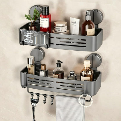 VOLPONE Shower Caddy Suction Shower Shelf No Drilling Shower Organizer Suction Cup Shower Storage Rack Aluminum Wall Mounted Shampoo Holder with Towel Bar Hooks (2-Pack, Matte Gray)