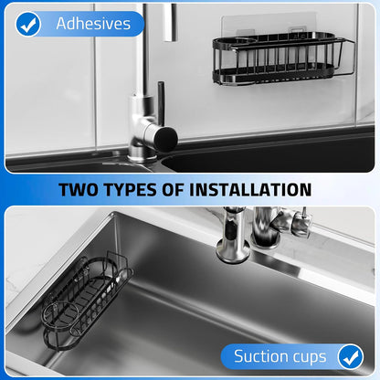 Cisily Kitchen Sponge Holder for Kitchen Sink with 2 Suction Cups/1 Adhesive Strips, Stainless Steel Kitchen Caddy Sink Organizer, Brush Holder, Dish Cloth Hanger, Sink Stopper Holder (Black)