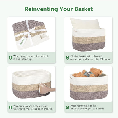 ECDYQXVU 15x10x9 Woven Cotton Rope Storage Basket, Leather Handles 1 Pack
