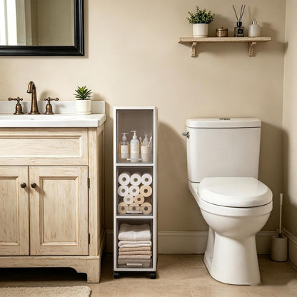 Narrow Bathroom Storage Cabinet with 4 Wheels, 3Tier Slim Storage Organizer